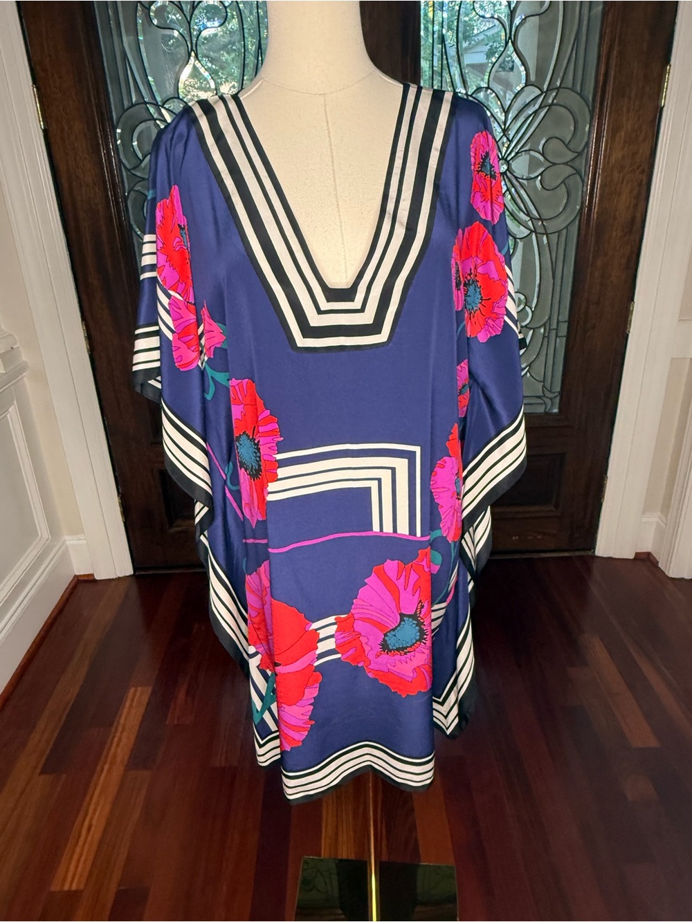 Trina Turk Silk Navy Pink Poppy Floral Caftan Tunic Dress Cover Up